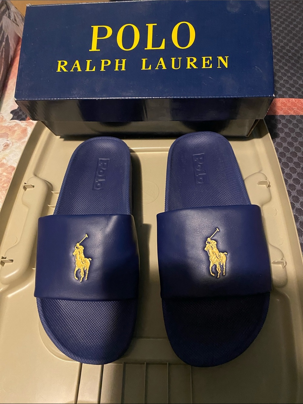 Polo by Ralph Lauren Navy Slide Sandals with yellow Pony Patch